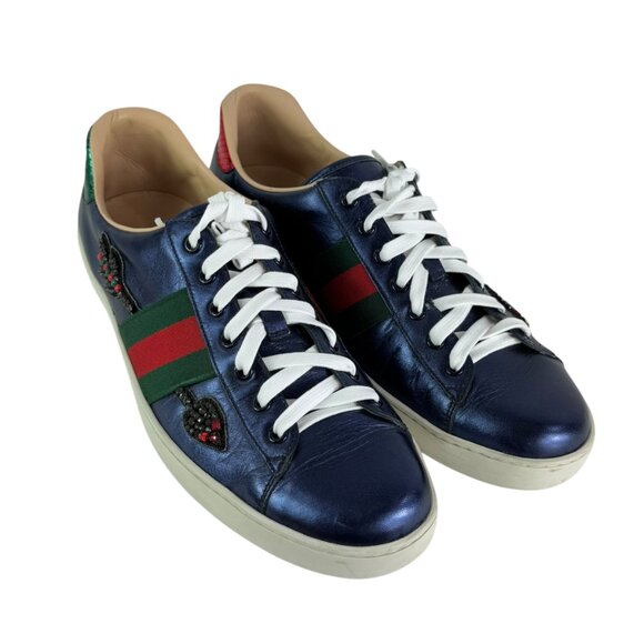 GUCCI Ace Metallic Blue Lather Crystal Arrow Men's Sneakers 11 - 11.5 US - Picture 4 of 11